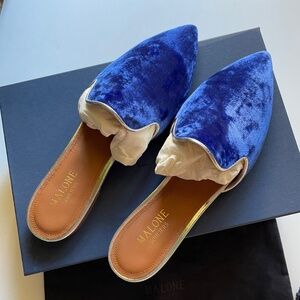 Malone Souliers Women's Shoes Marianne Leather Blue Velvet Flat Mules S 37.5 New